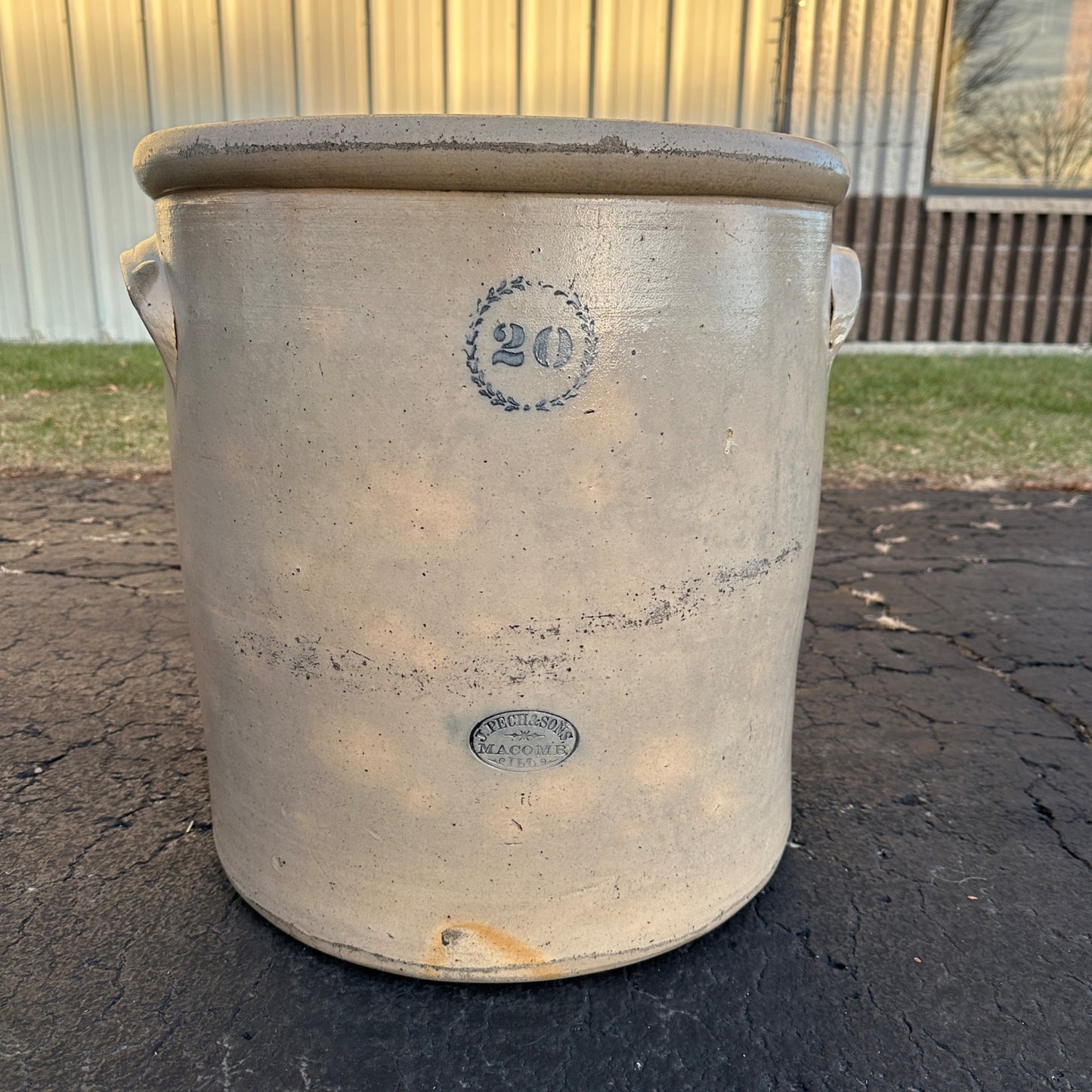 RARE Antique 19th Century J. Pech & Sons 20 Gallon Stoneware Crock Macomb ILL