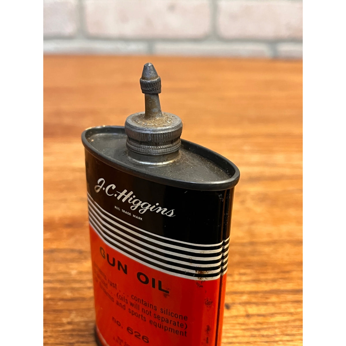 Vintage J.C. Higgins Gun Oil Lead Top 3 Oz Tin Can Advertising Oiler