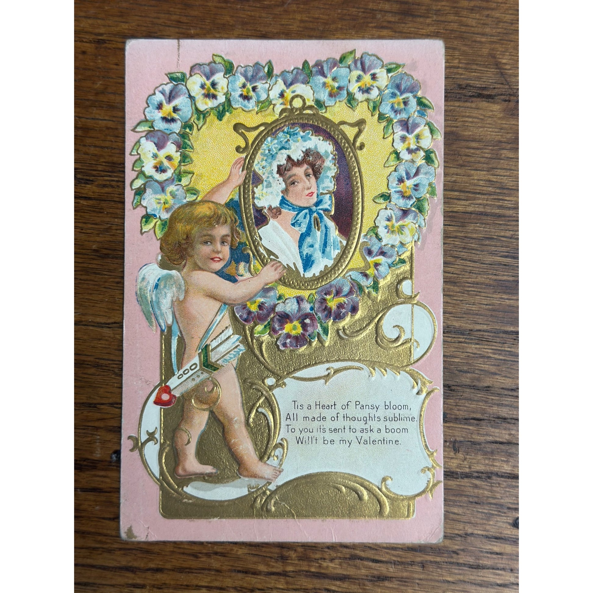 Valentine's Day Postcard Pansy Victorian Portrait Cupid Valentine Series 1