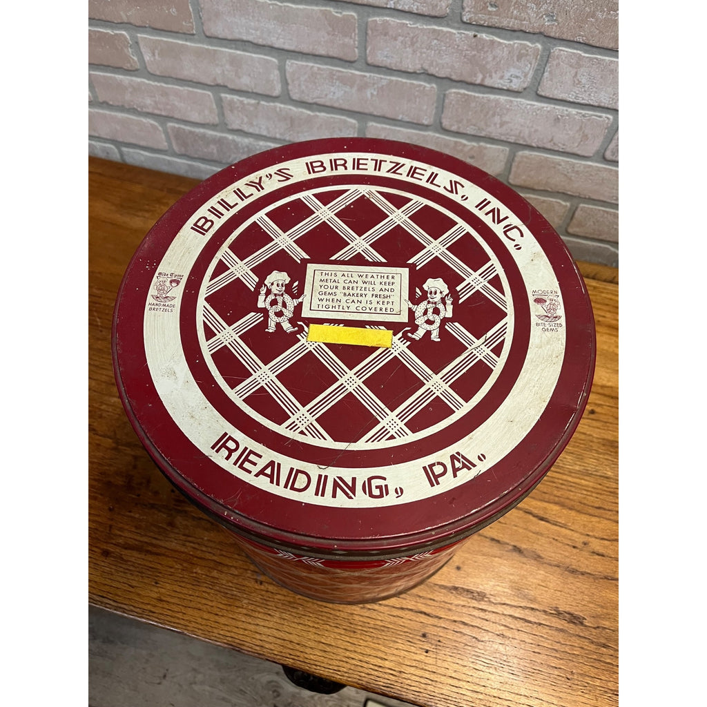 Vintage Billy's Bretzels Pretzels & Gems Large Tin Can w/ Lid - Reading PA Metal