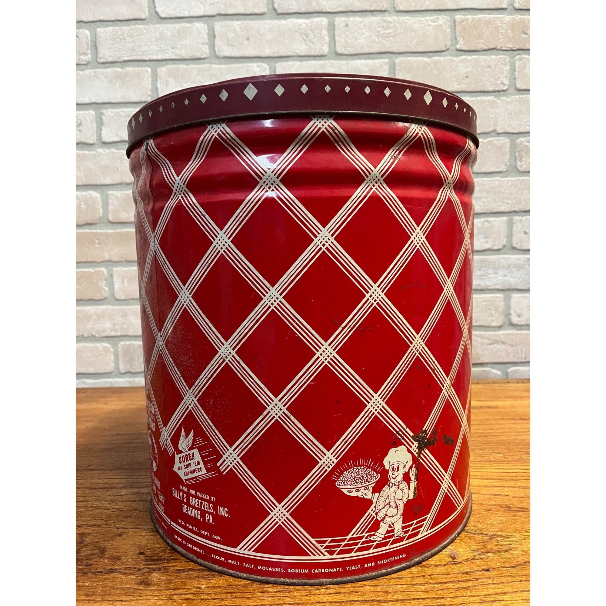 Vintage Billy's Bretzels Pretzels & Gems Large Tin Can w/ Lid - Reading PA Metal