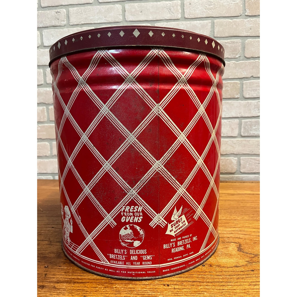 Vintage Billy's Bretzels Pretzels & Gems Large Tin Can w/ Lid - Reading PA Metal