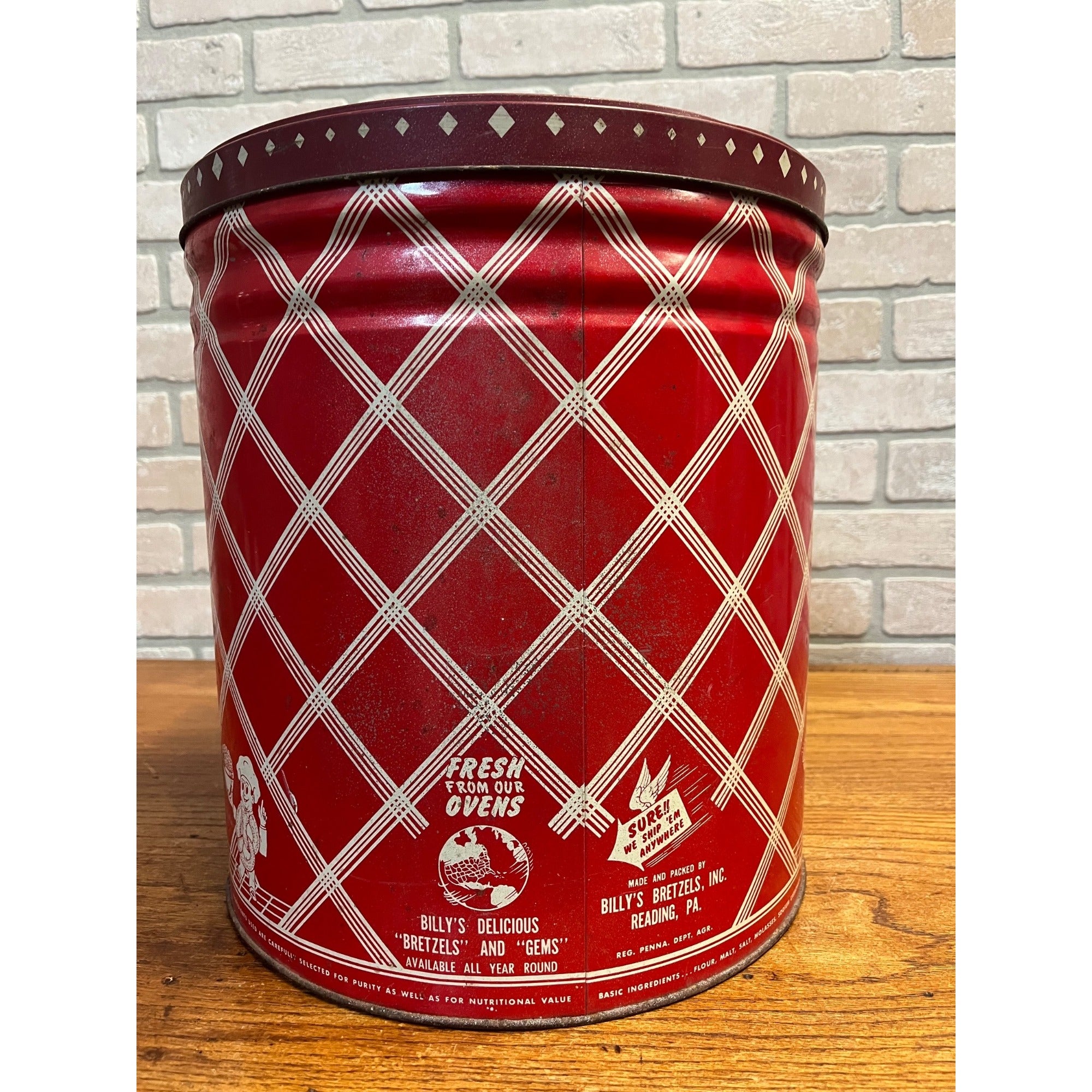 Vintage Billy's Bretzels Pretzels & Gems Large Tin Can w/ Lid - Reading PA Metal