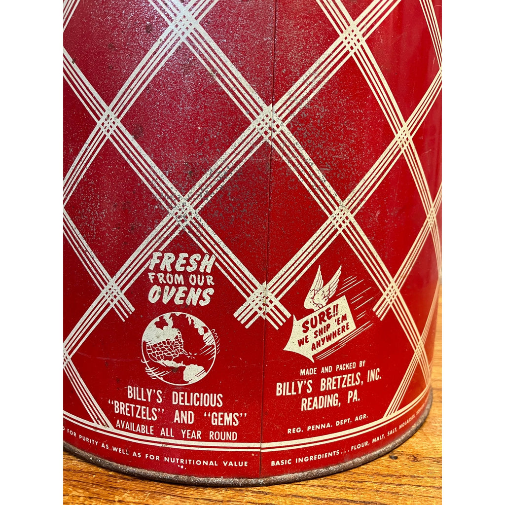 Vintage Billy's Bretzels Pretzels & Gems Large Tin Can w/ Lid - Reading PA Metal