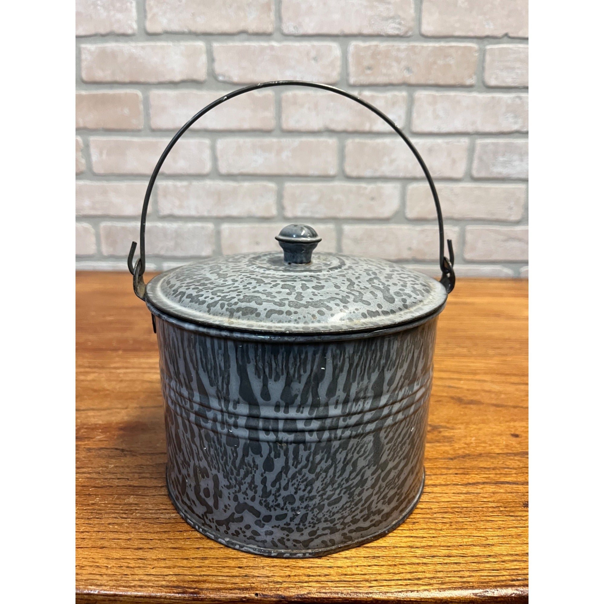Antique Primitive Gray Enamel Graniteware Berry Bucket / Lunch Pail Lidded Farmhouse Decor