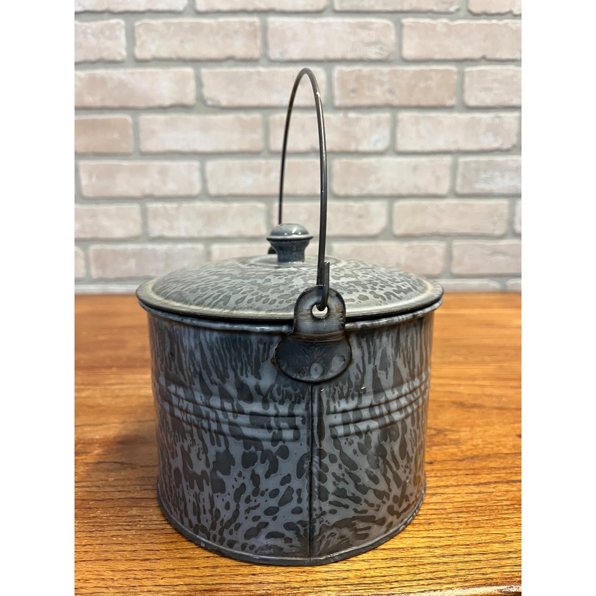 Antique Primitive Gray Enamel Graniteware Berry Bucket / Lunch Pail Lidded Farmhouse Decor