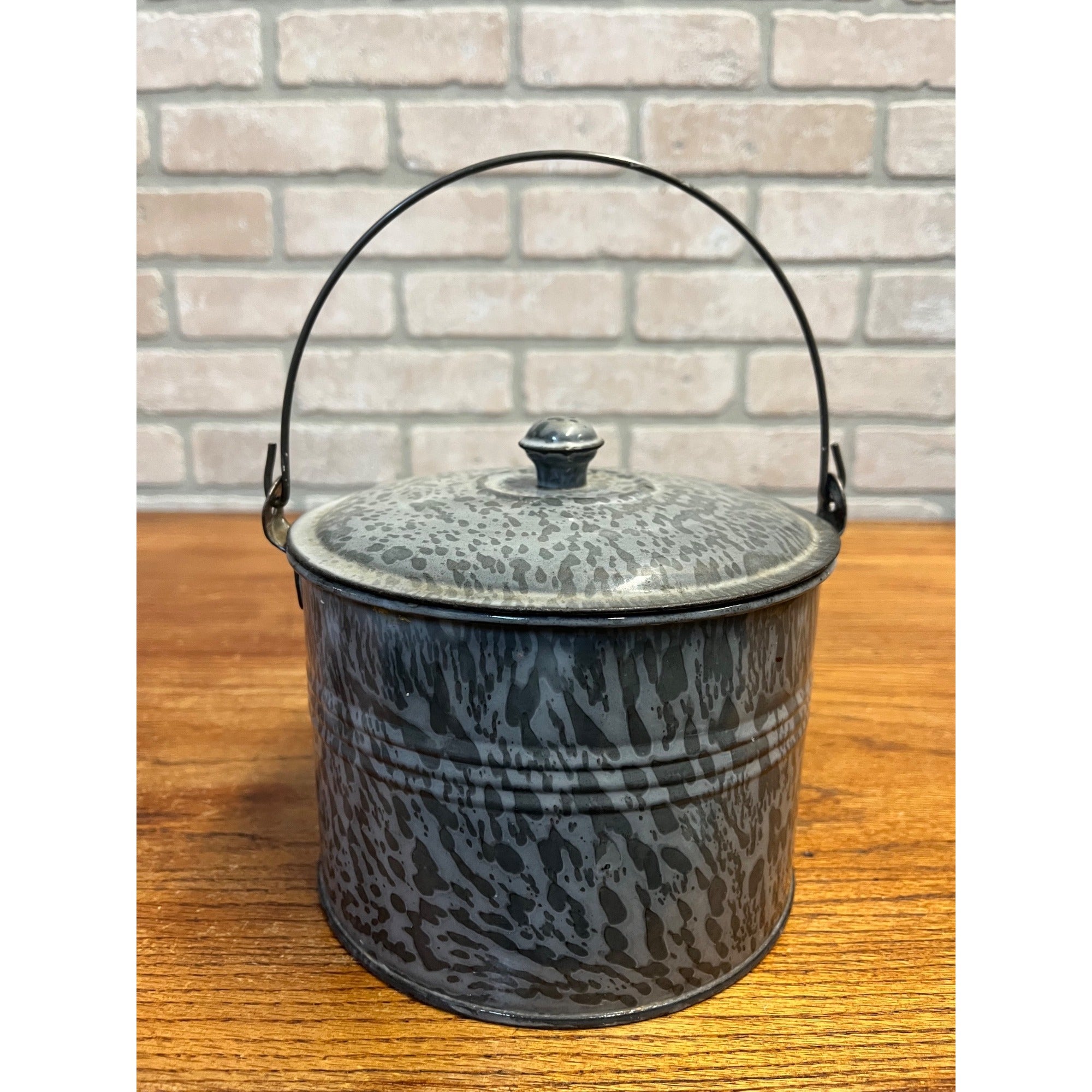 Antique Primitive Gray Enamel Graniteware Berry Bucket / Lunch Pail Lidded Farmhouse Decor