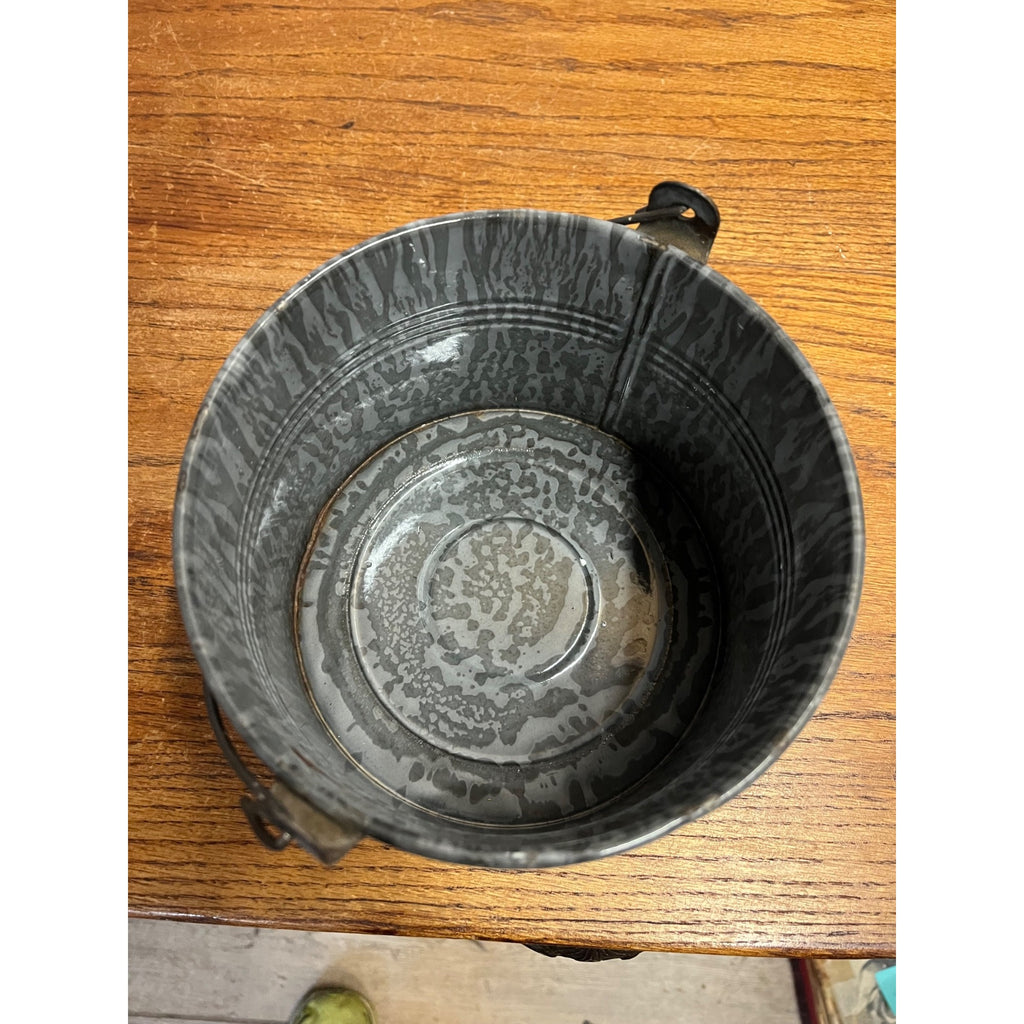 Antique Primitive Gray Enamel Graniteware Berry Bucket / Lunch Pail Lidded Farmhouse Decor