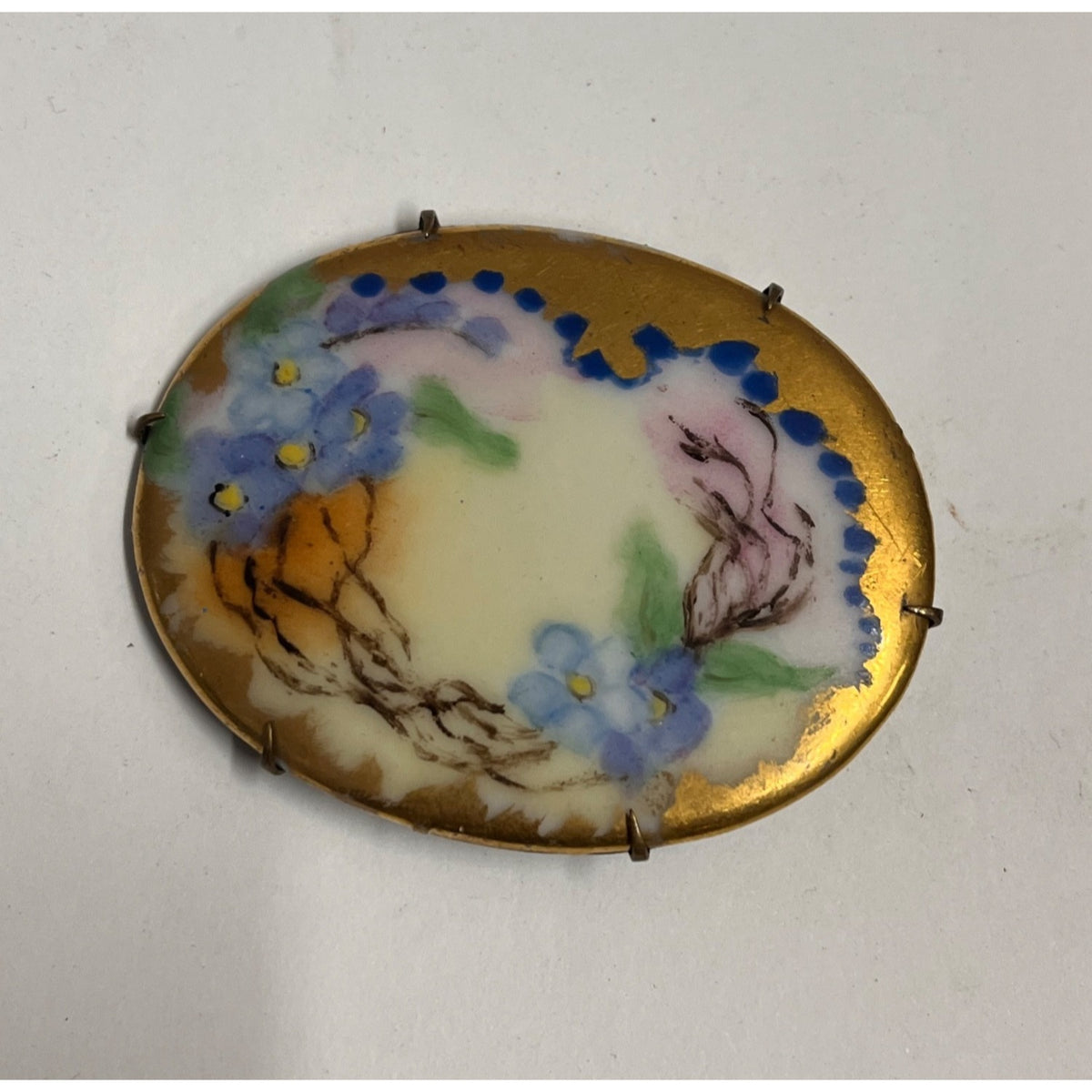Antique Victorian Edwardian Hand Painted Porcelain Forget Me Not Brooch Pin