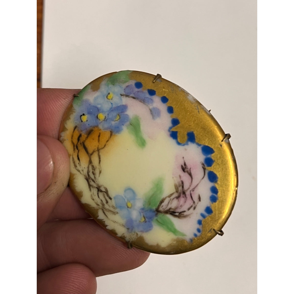 Antique Victorian Edwardian Hand Painted Porcelain Forget Me Not Brooch Pin