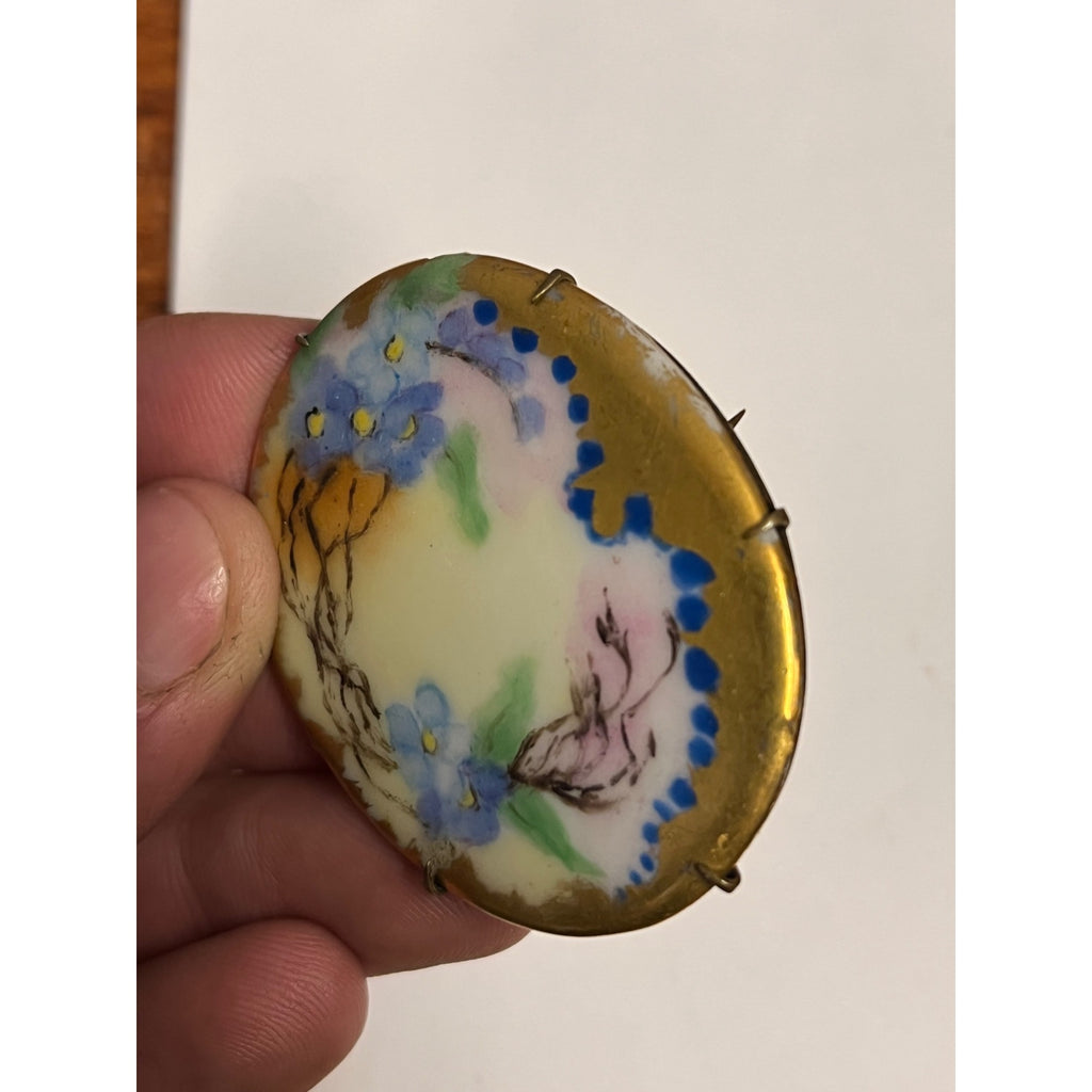 Antique Victorian Edwardian Hand Painted Porcelain Forget Me Not Brooch Pin