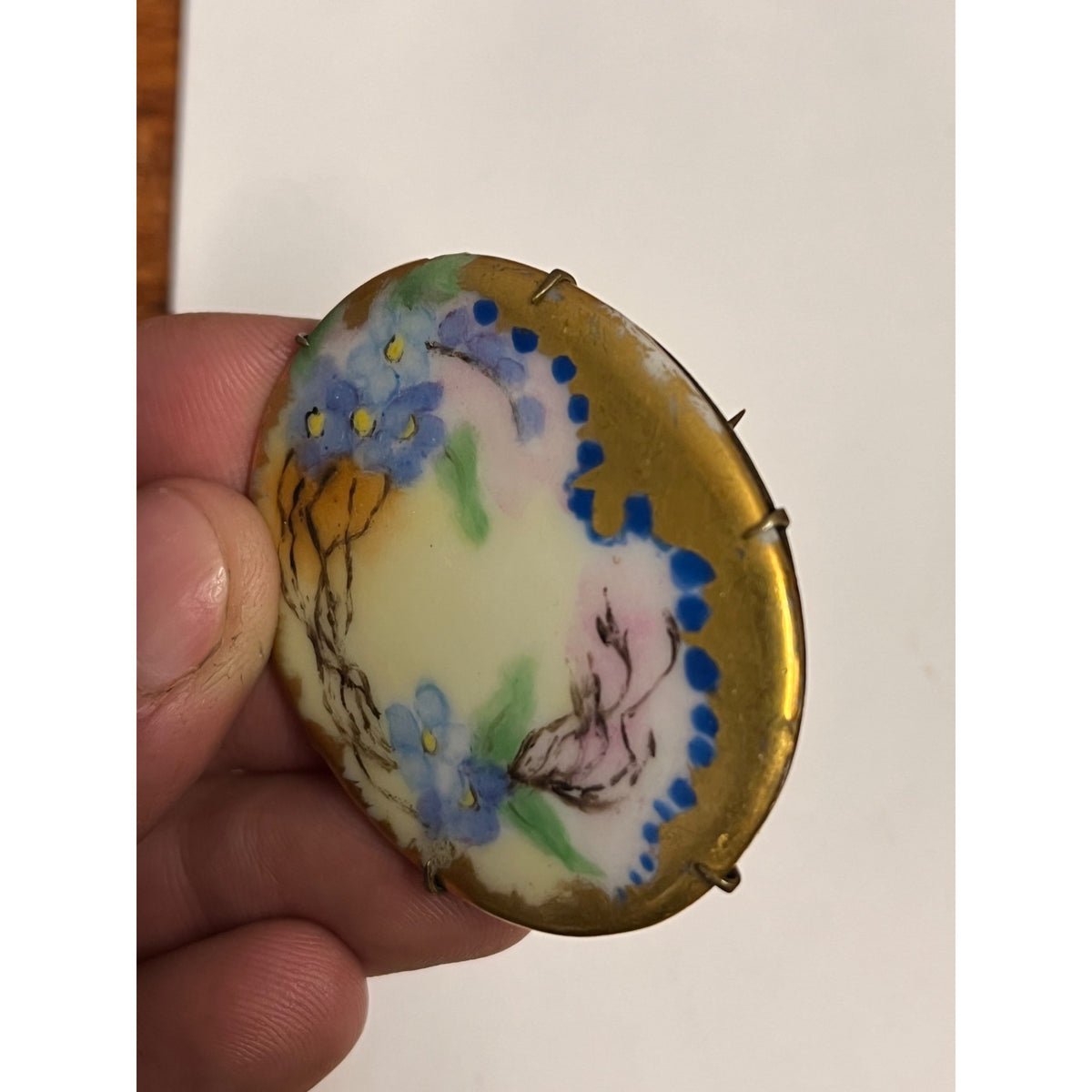 Antique Victorian Edwardian Hand Painted Porcelain Forget Me Not Brooch Pin