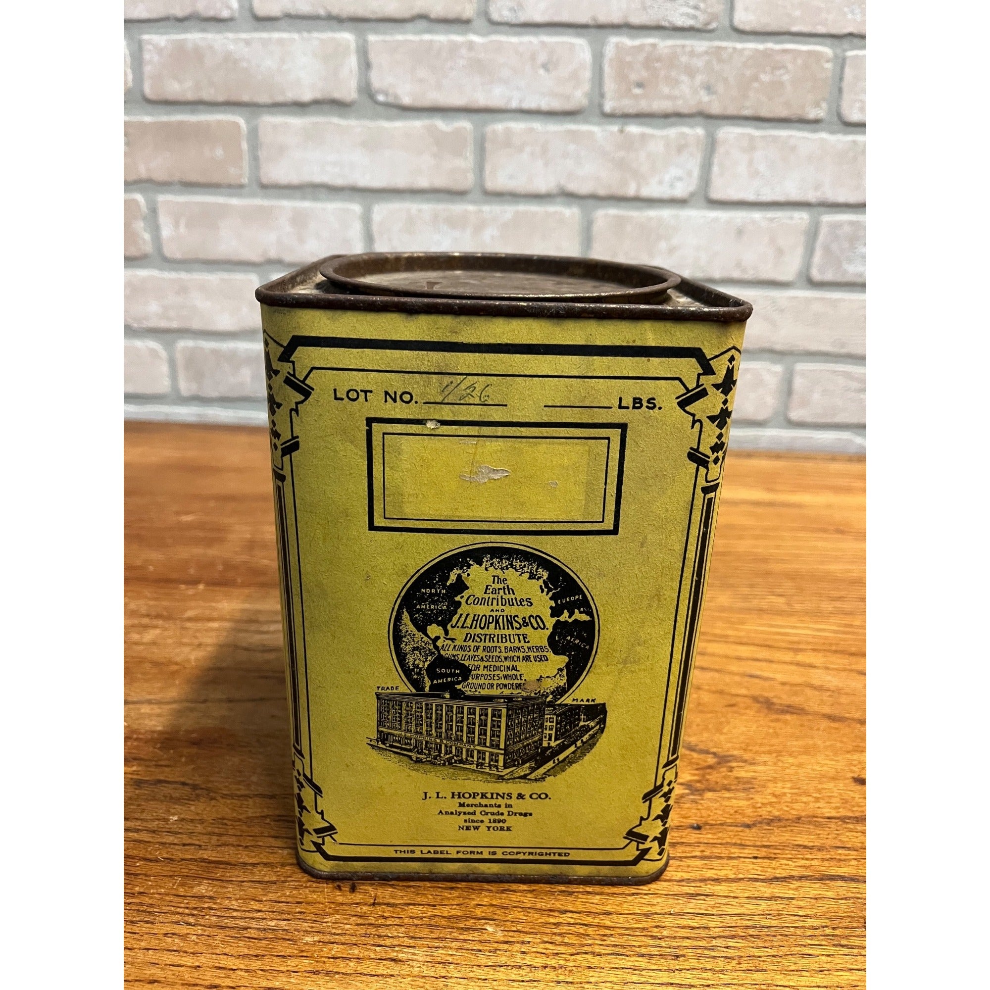 Vintage J.L Hopkins Co. Crude Drugs New York Yellow Pharmacy Container Can Tin