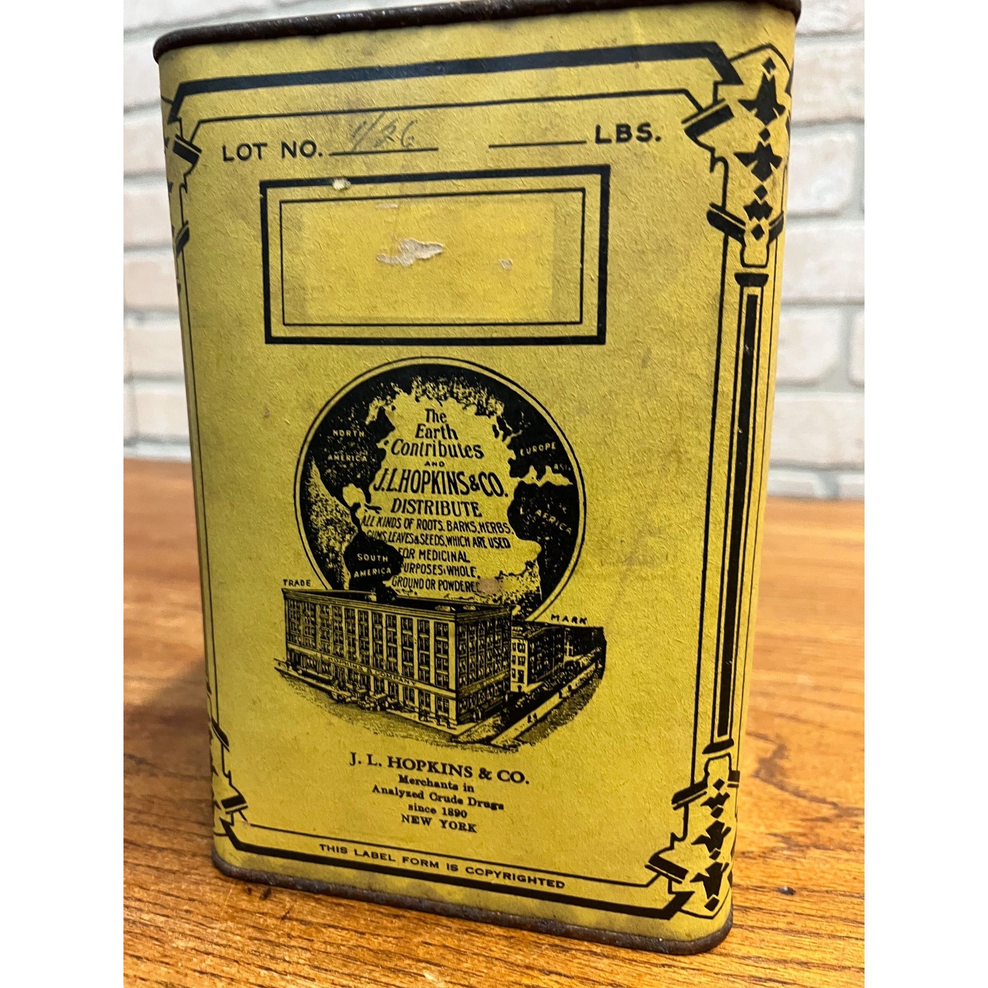 Vintage J.L Hopkins Co. Crude Drugs New York Yellow Pharmacy Container Can Tin