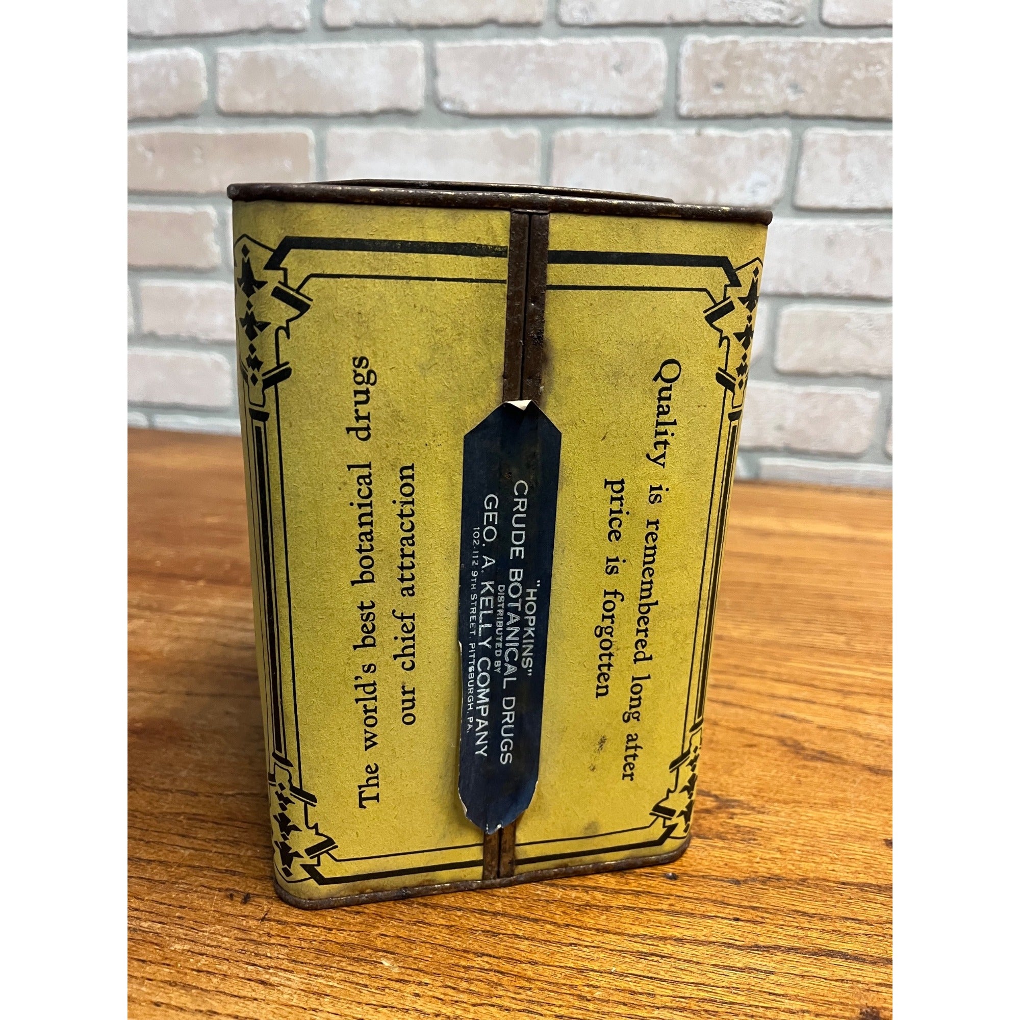 Vintage J.L Hopkins Co. Crude Drugs New York Yellow Pharmacy Container Can Tin
