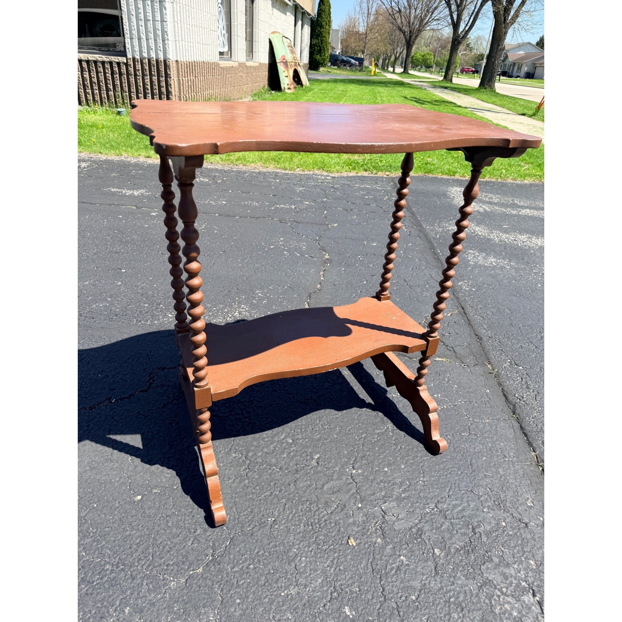 Vintage Plant Stand or  Accent Table with Spindle Legs Brown Painted