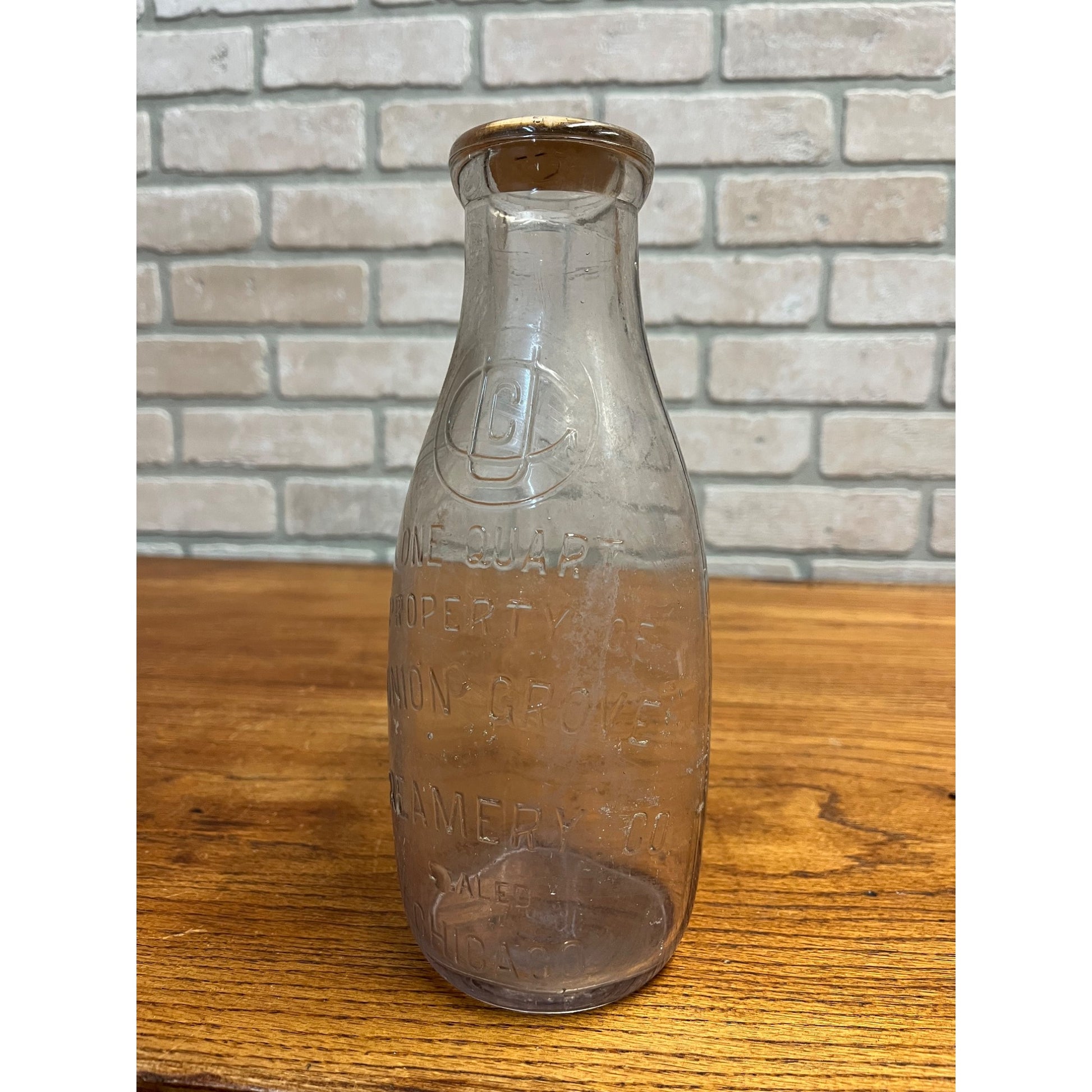 Vintage Quart Milk Bottle Union Grove Creamery Chicago Illinois Dairy