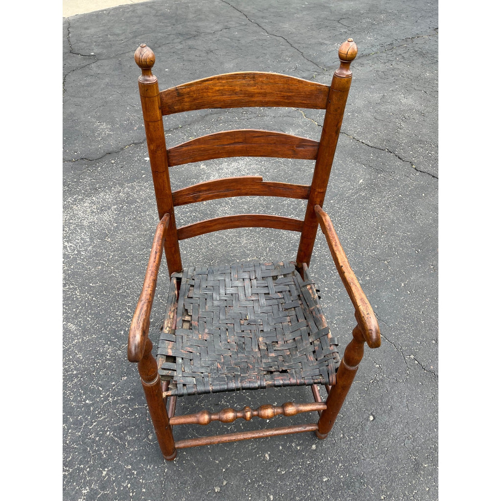 Antique c1810s Early American Primitive Ladderback Arm Chair Woven Hickory Bark Seat Farmhouse Shaker Folk Art