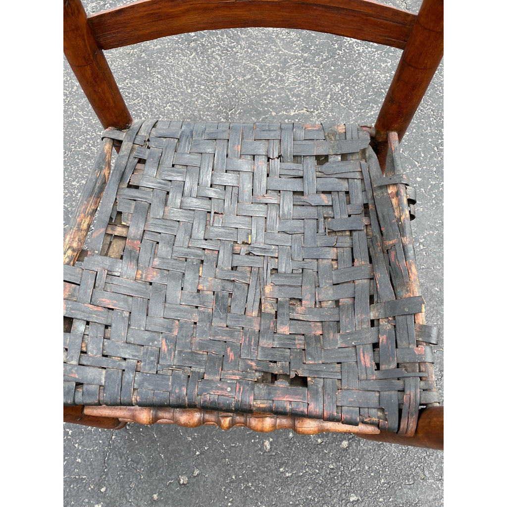 Antique c1810s Early American Primitive Ladderback Arm Chair Woven Hickory Bark Seat Farmhouse Shaker Folk Art