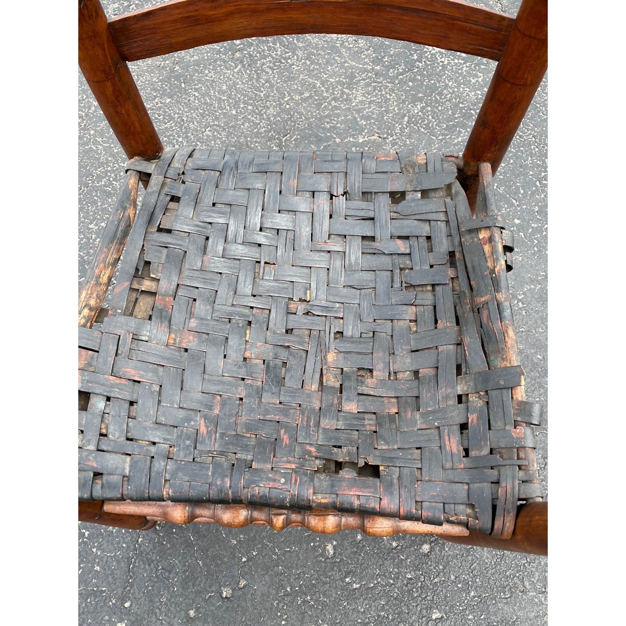 Antique c1810s Early American Primitive Ladderback Arm Chair Woven Hickory Bark Seat Farmhouse Shaker Folk Art
