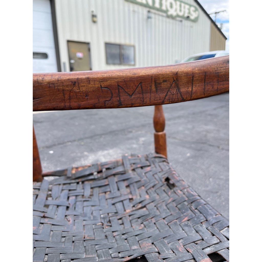 Antique c1810s Early American Primitive Ladderback Arm Chair Woven Hickory Bark Seat Farmhouse Shaker Folk Art