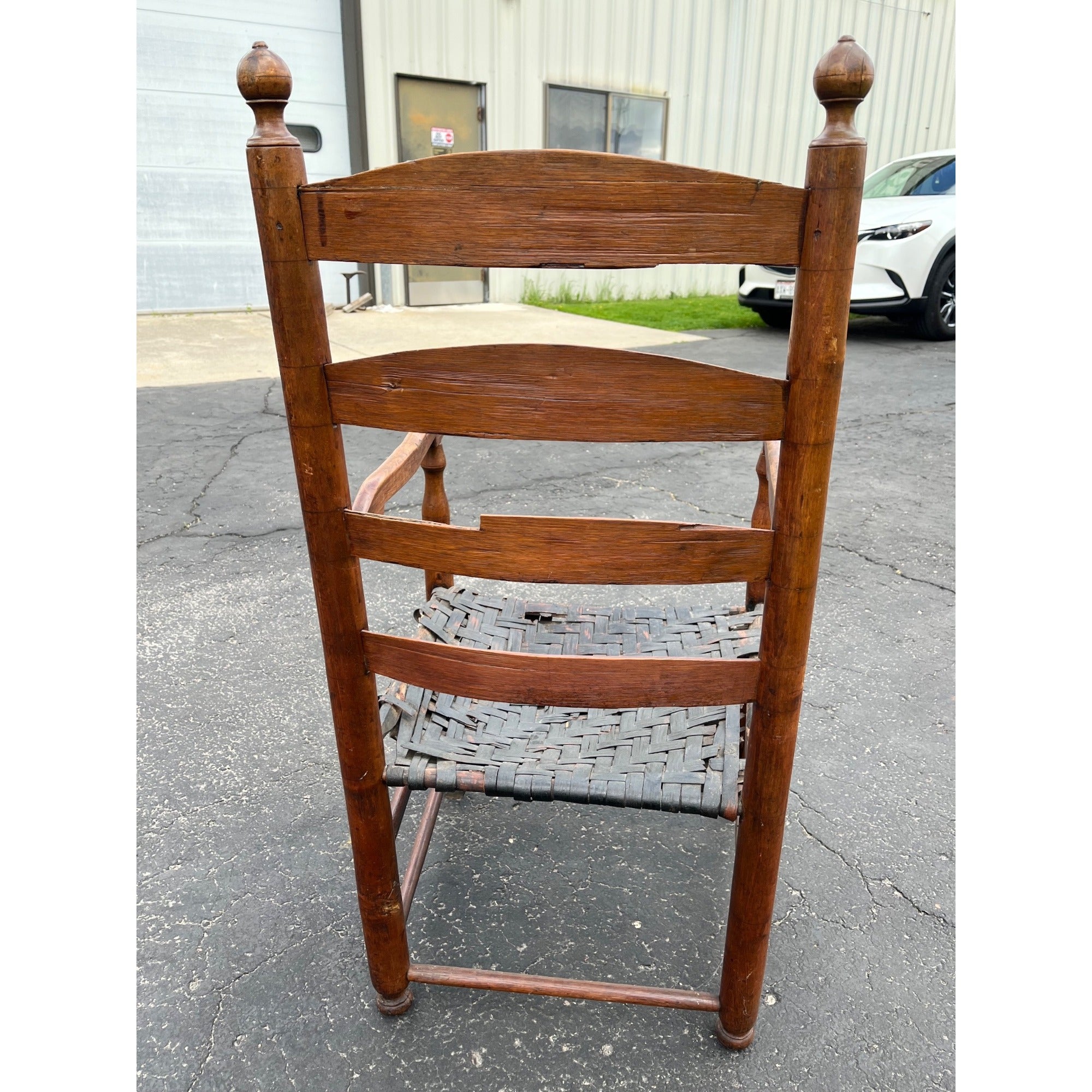 Antique c1810s Early American Primitive Ladderback Arm Chair Woven Hickory Bark Seat Farmhouse Shaker Folk Art