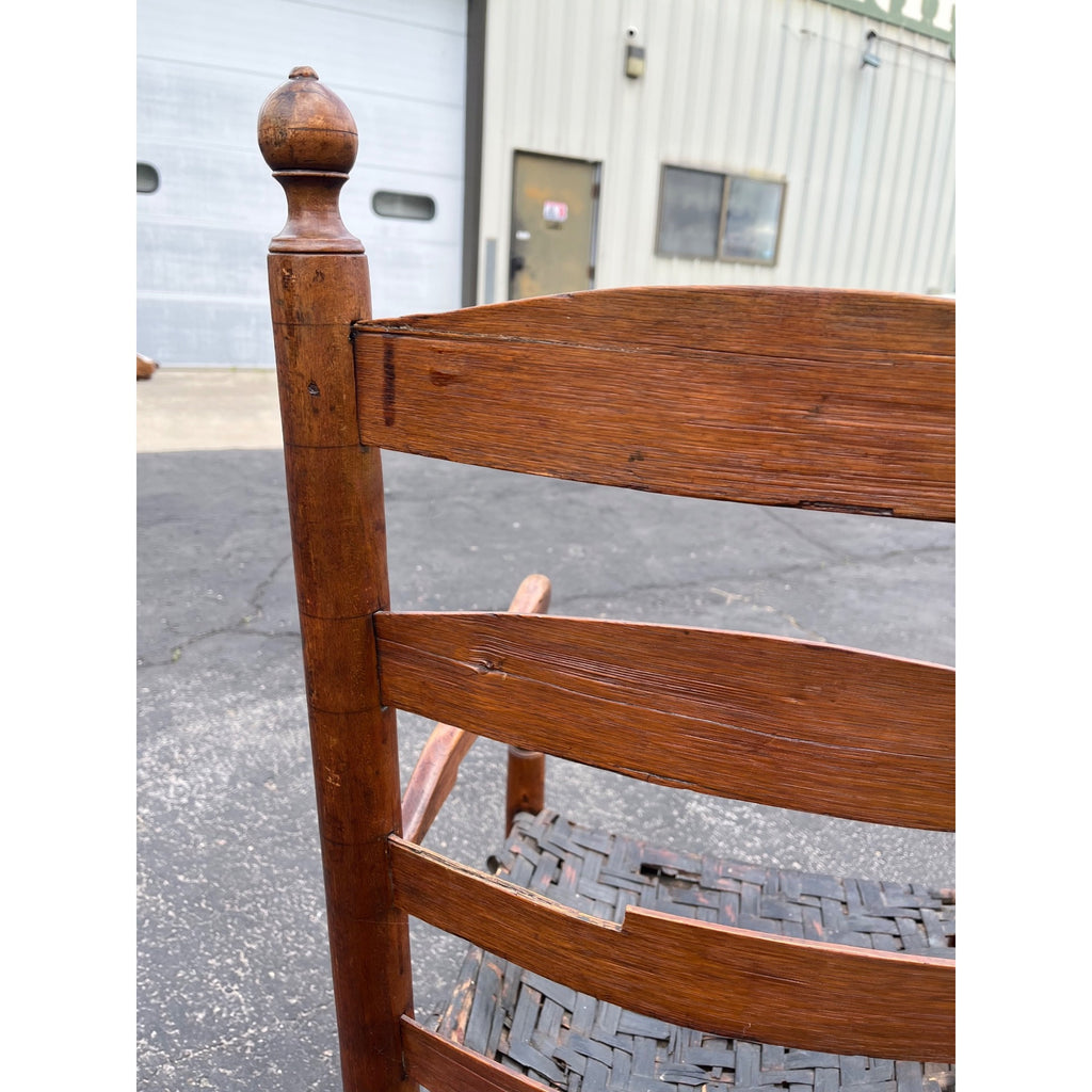 Antique c1810s Early American Primitive Ladderback Arm Chair Woven Hickory Bark Seat Farmhouse Shaker Folk Art