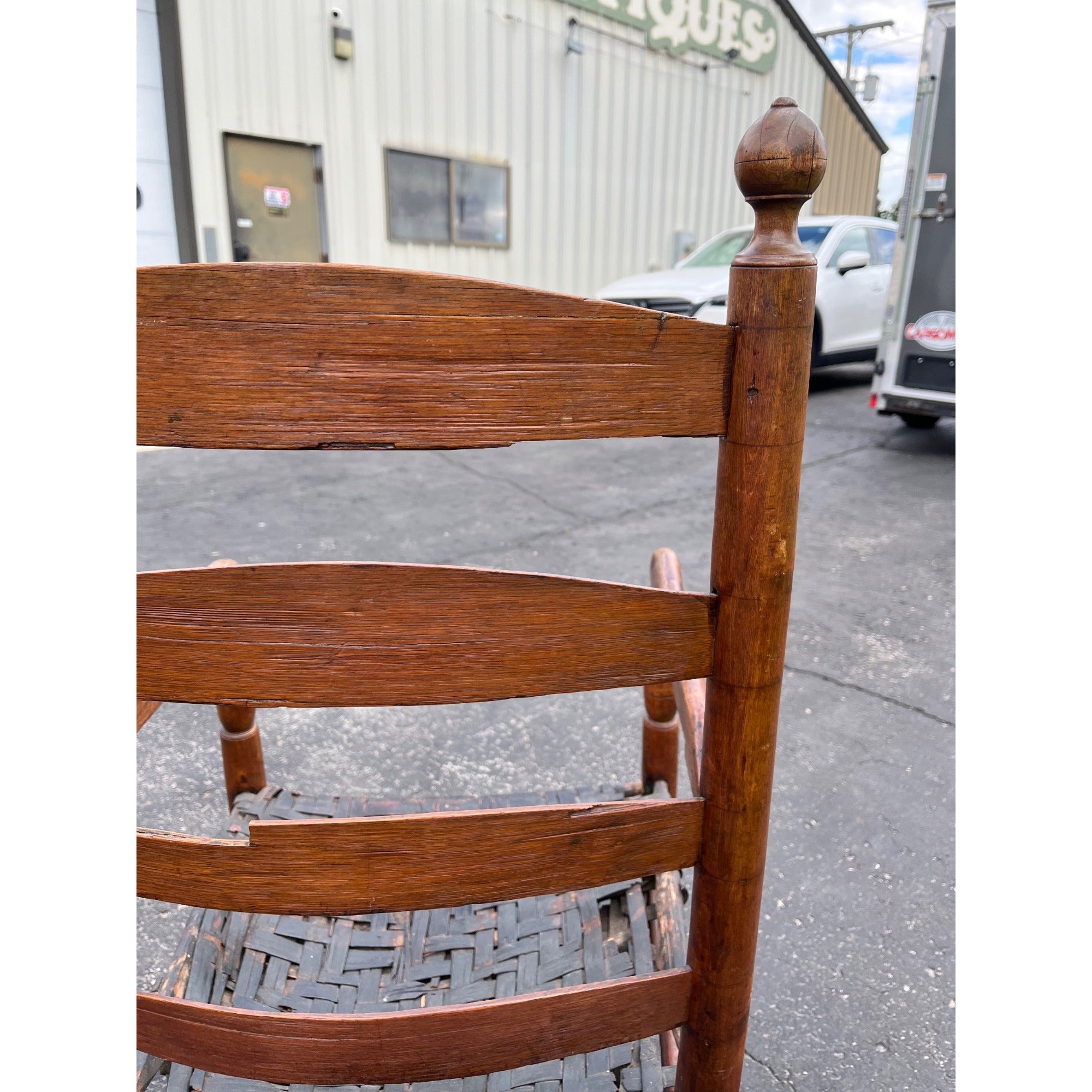 Antique c1810s Early American Primitive Ladderback Arm Chair Woven Hickory Bark Seat Farmhouse Shaker Folk Art