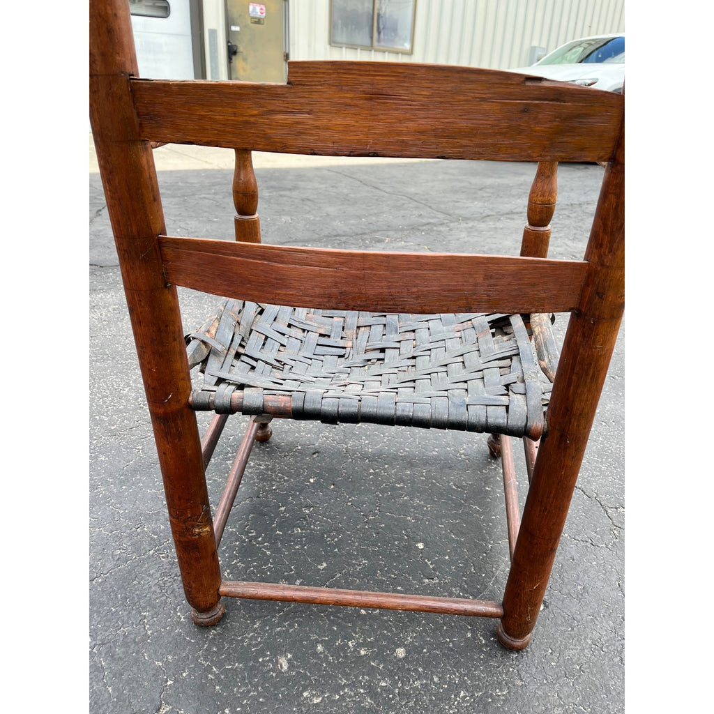 Antique c1810s Early American Primitive Ladderback Arm Chair Woven Hickory Bark Seat Farmhouse Shaker Folk Art