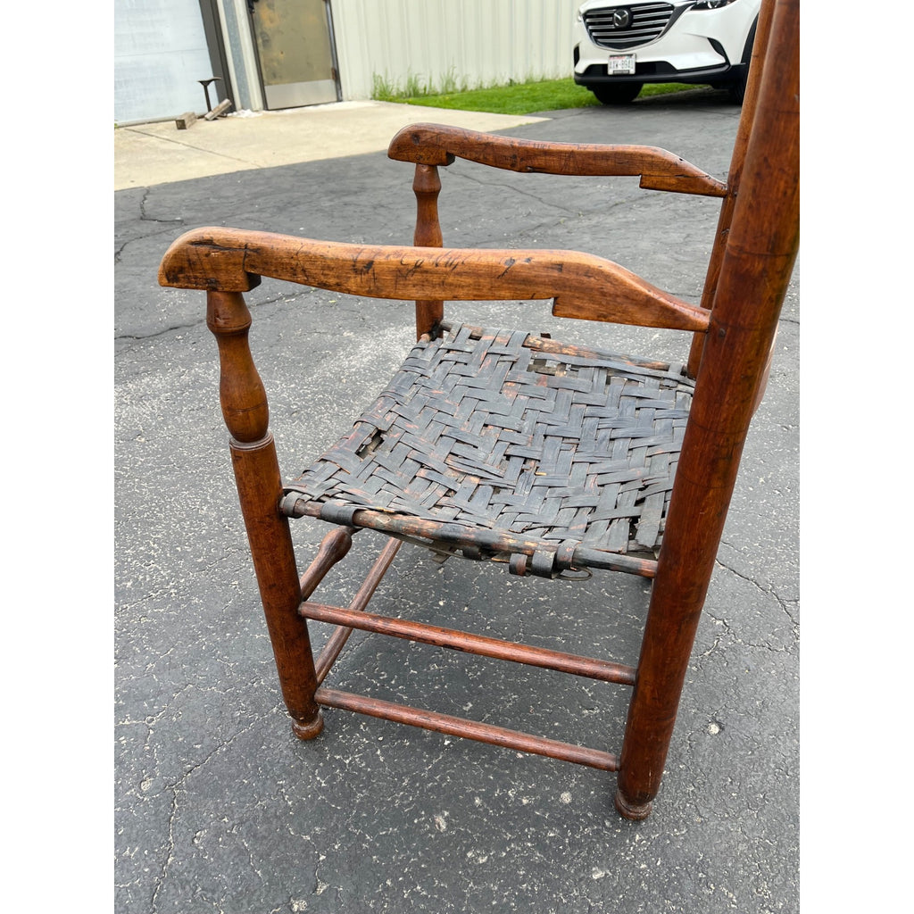 Antique c1810s Early American Primitive Ladderback Arm Chair Woven Hickory Bark Seat Farmhouse Shaker Folk Art