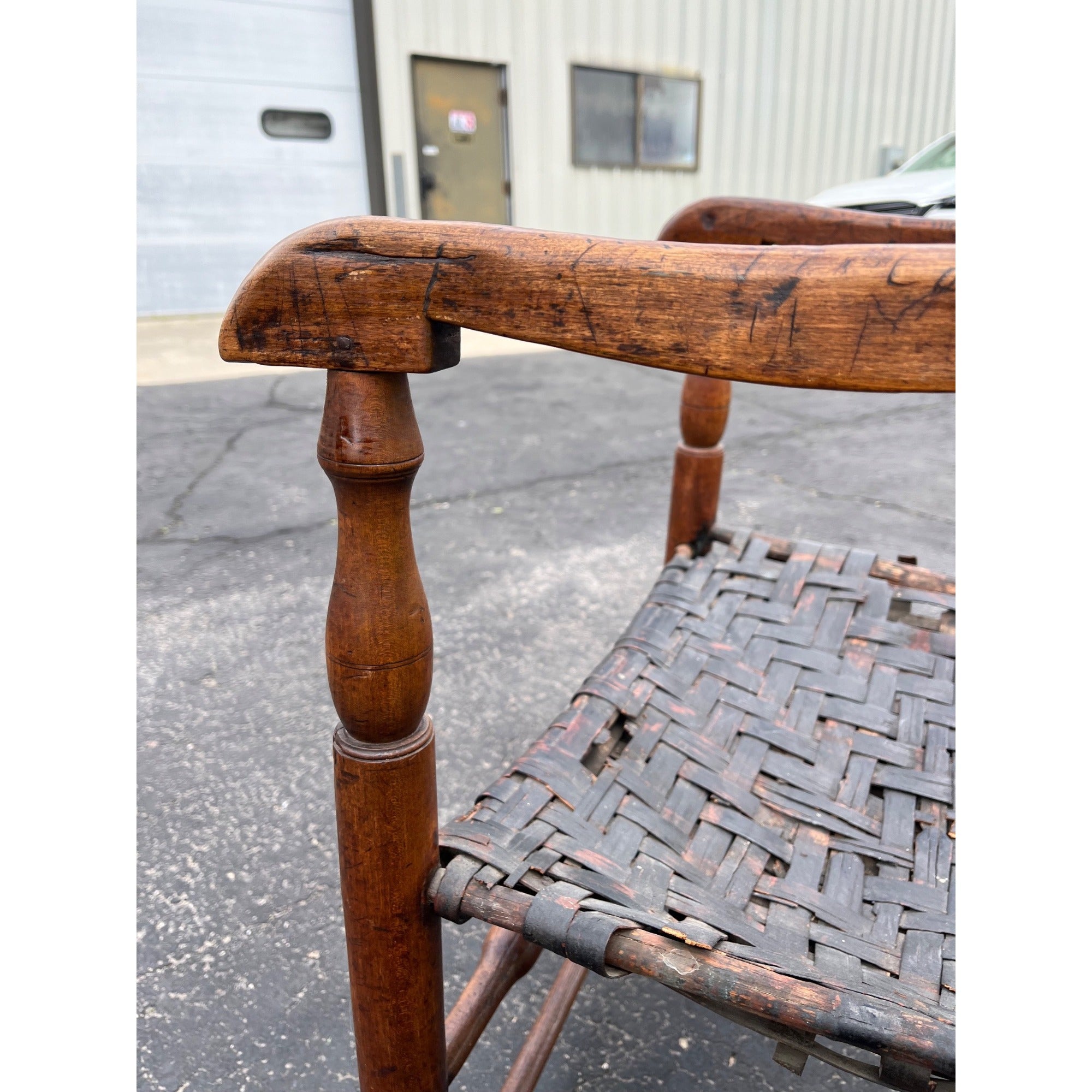 Antique c1810s Early American Primitive Ladderback Arm Chair Woven Hickory Bark Seat Farmhouse Shaker Folk Art