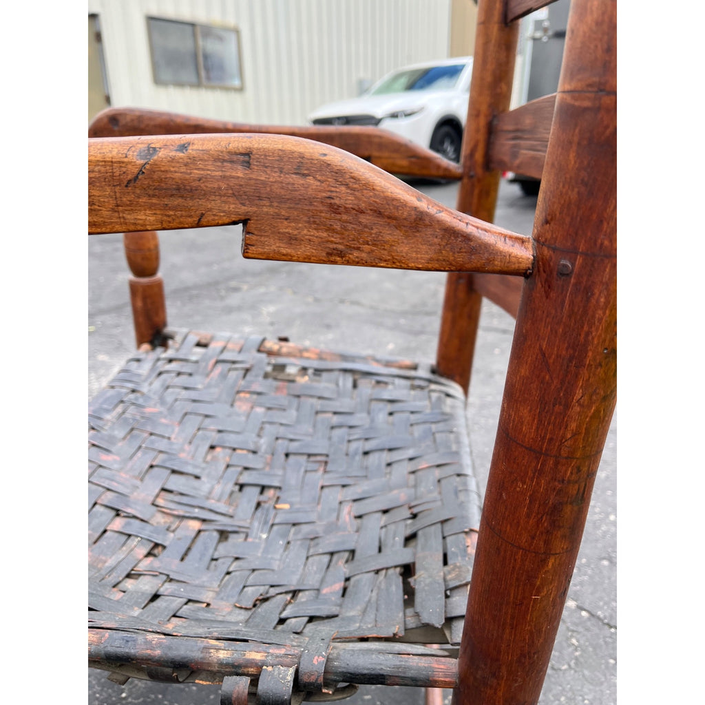 Antique c1810s Early American Primitive Ladderback Arm Chair Woven Hickory Bark Seat Farmhouse Shaker Folk Art