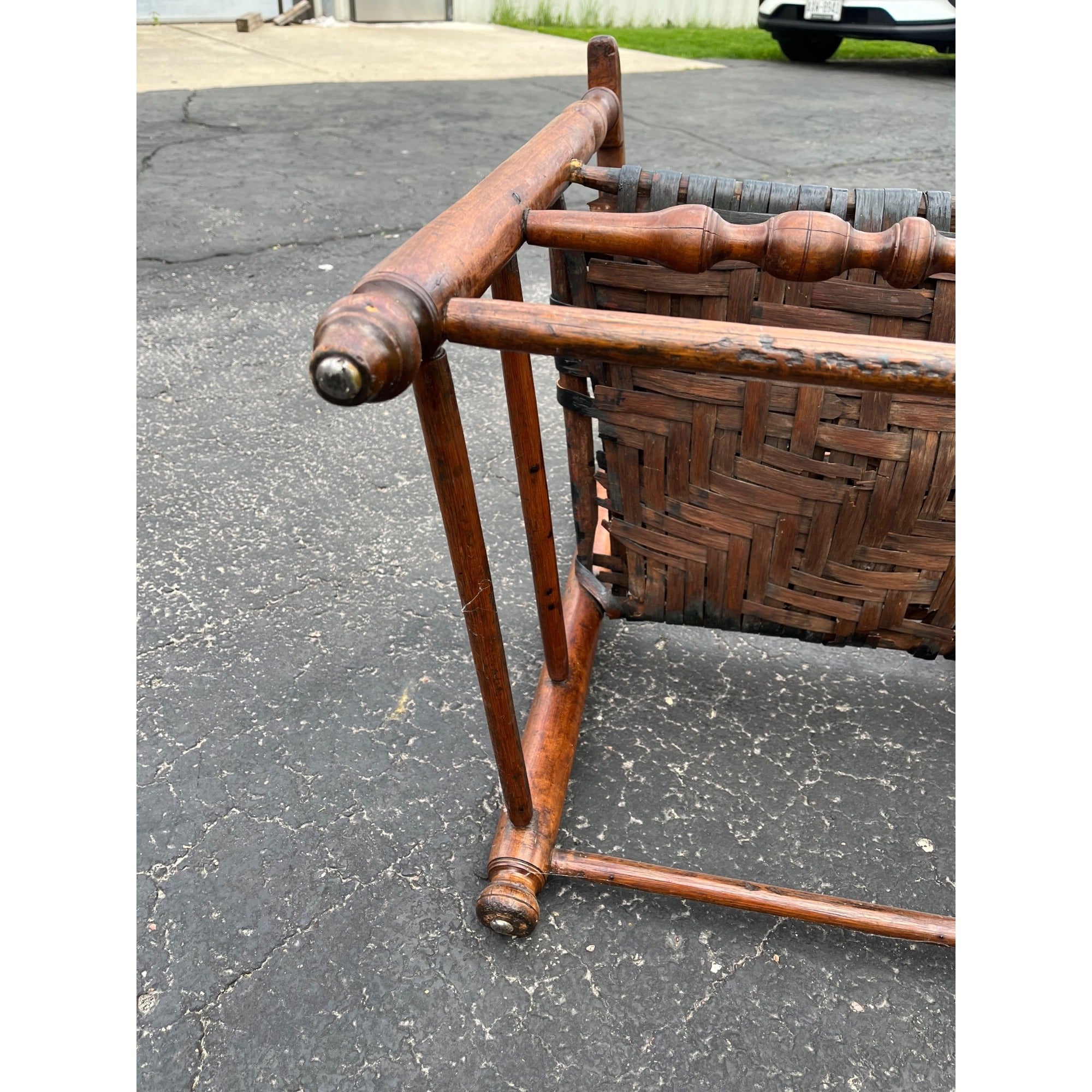 Antique c1810s Early American Primitive Ladderback Arm Chair Woven Hickory Bark Seat Farmhouse Shaker Folk Art