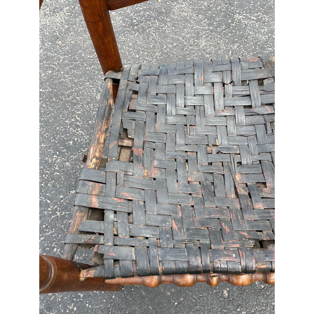 Antique c1810s Early American Primitive Ladderback Arm Chair Woven Hickory Bark Seat Farmhouse Shaker Folk Art