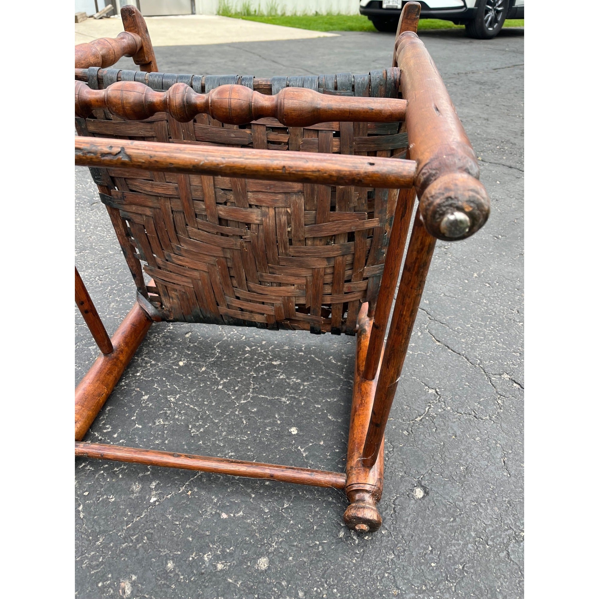 Antique c1810s Early American Primitive Ladderback Arm Chair Woven Hickory Bark Seat Farmhouse Shaker Folk Art