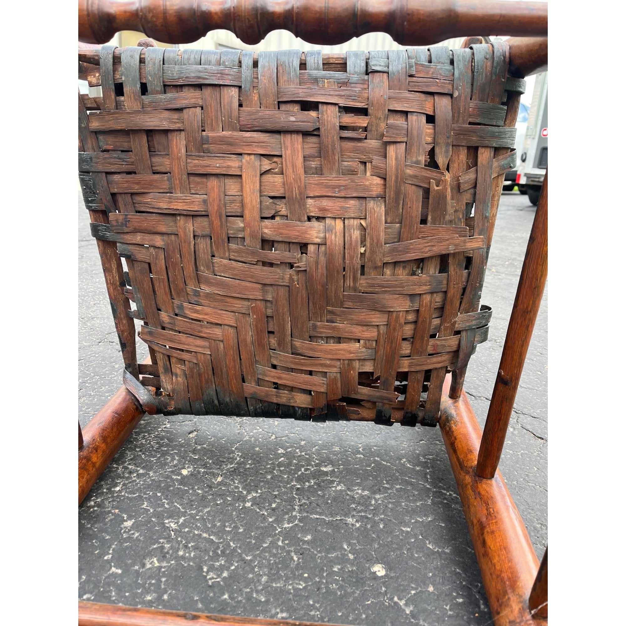 Antique c1810s Early American Primitive Ladderback Arm Chair Woven Hickory Bark Seat Farmhouse Shaker Folk Art