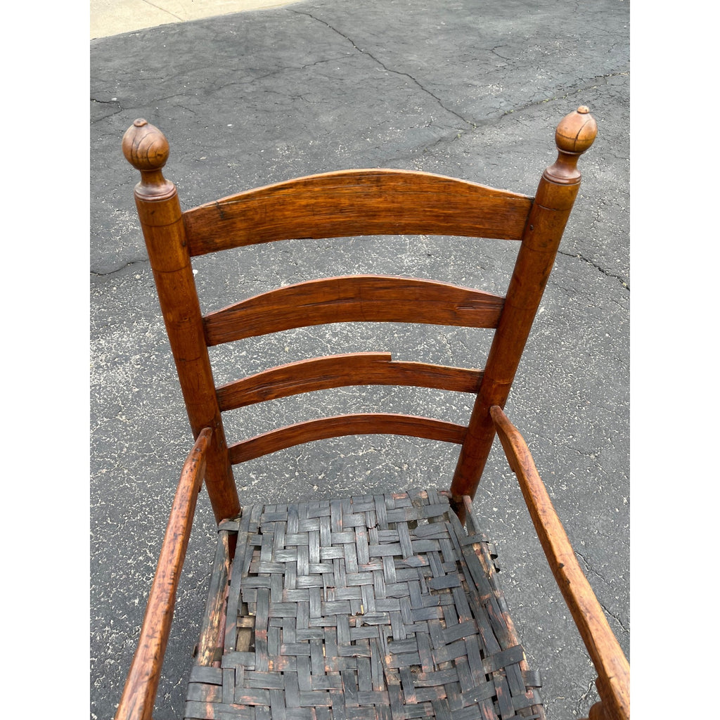 Antique c1810s Early American Primitive Ladderback Arm Chair Woven Hickory Bark Seat Farmhouse Shaker Folk Art