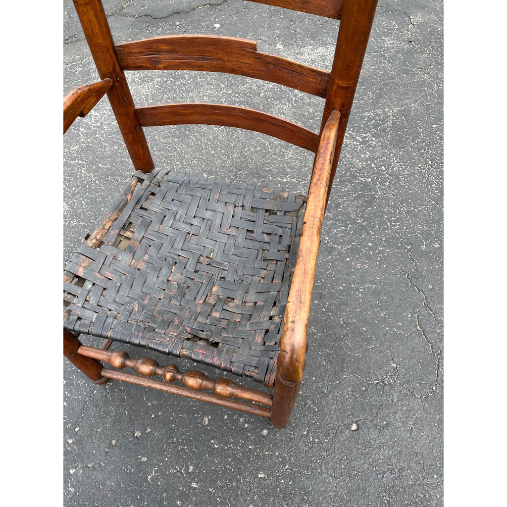 Antique c1810s Early American Primitive Ladderback Arm Chair Woven Hickory Bark Seat Farmhouse Shaker Folk Art