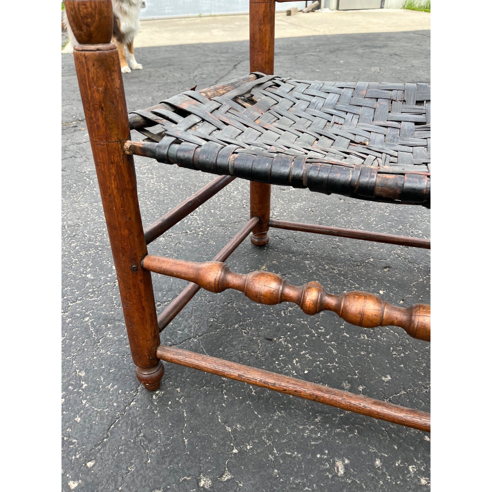 Antique c1810s Early American Primitive Ladderback Arm Chair Woven Hickory Bark Seat Farmhouse Shaker Folk Art