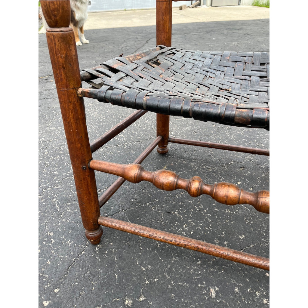 Antique c1810s Early American Primitive Ladderback Arm Chair Woven Hickory Bark Seat Farmhouse Shaker Folk Art