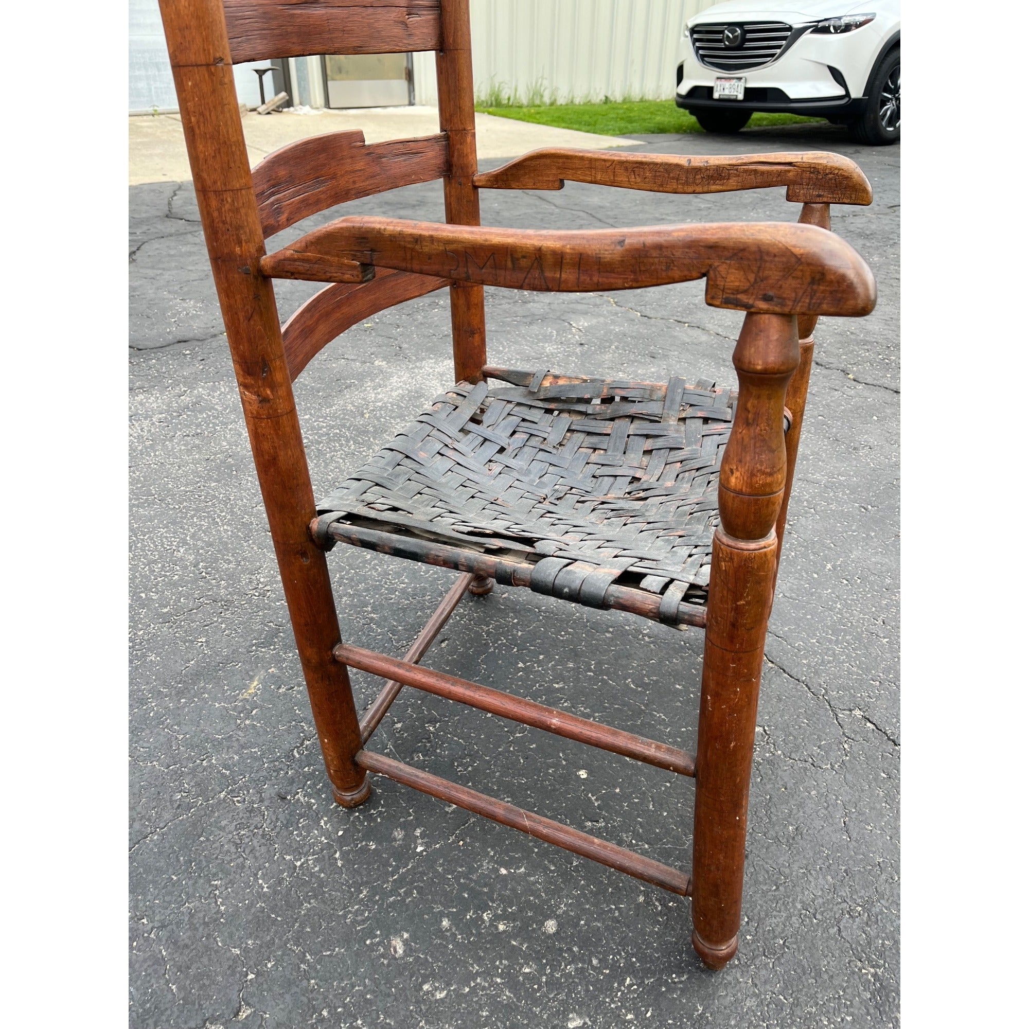Antique c1810s Early American Primitive Ladderback Arm Chair Woven Hickory Bark Seat Farmhouse Shaker Folk Art