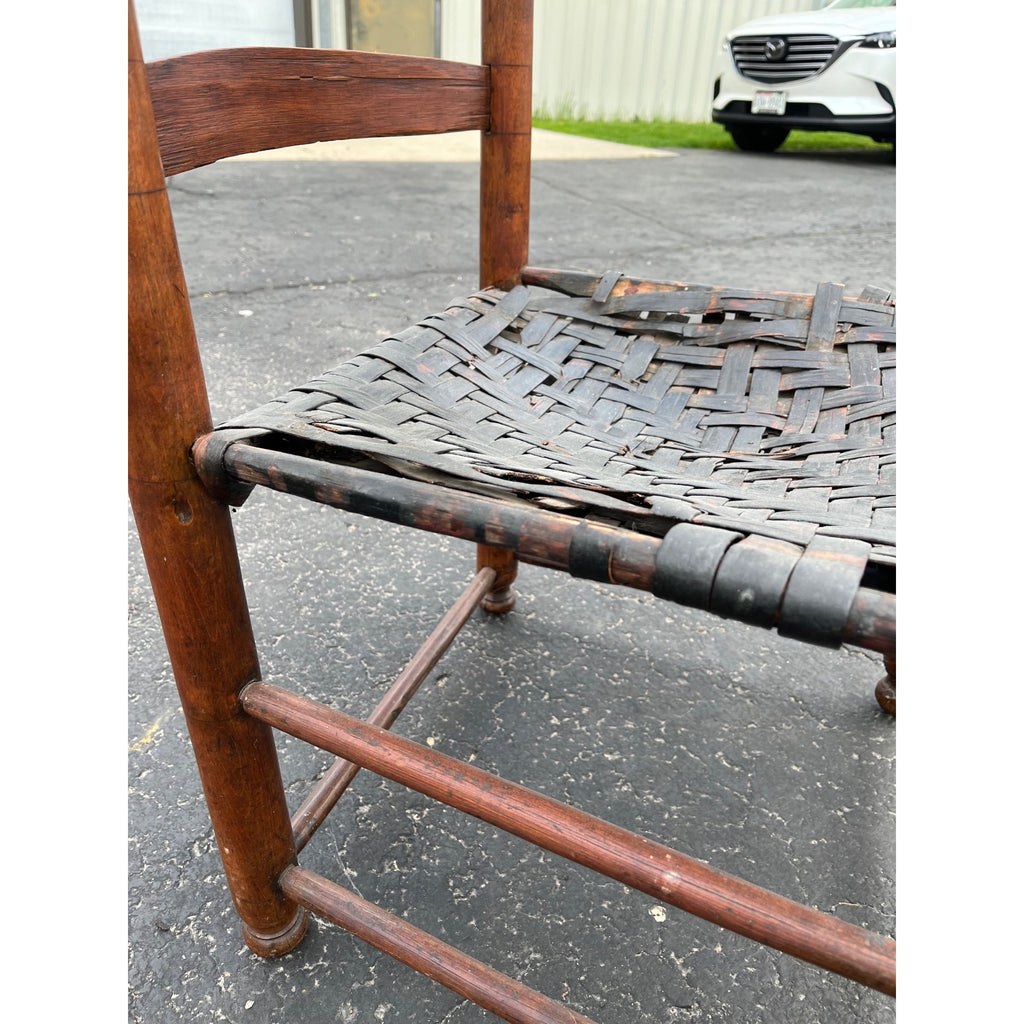Antique c1810s Early American Primitive Ladderback Arm Chair Woven Hickory Bark Seat Farmhouse Shaker Folk Art