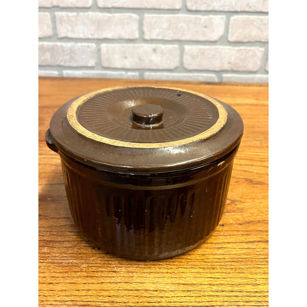 Antique Primitive Stoneware Brown Ribbed Pantry Crock/Large Butter Crock Farmhouse Decor Rustic Kitchen