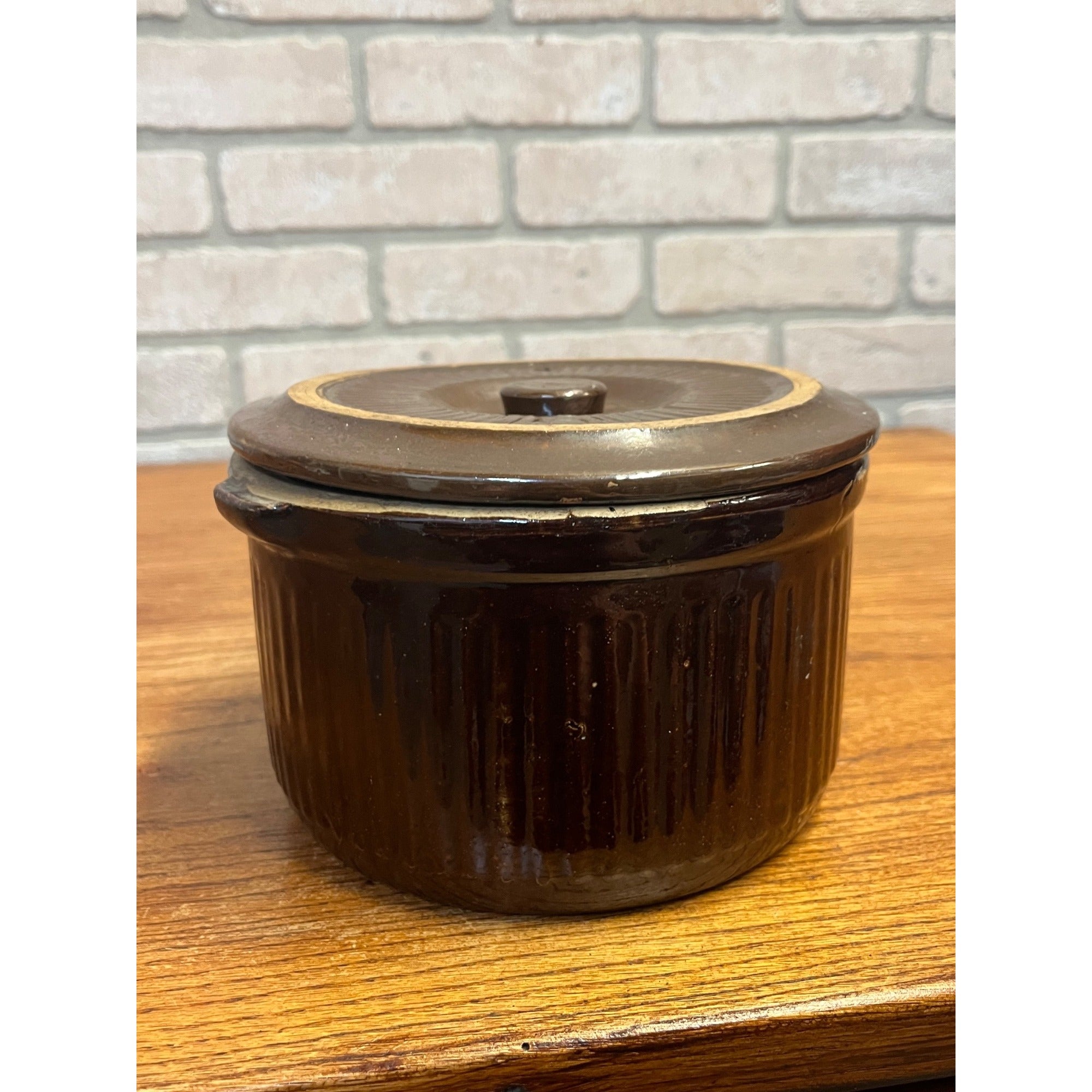 Antique Primitive Stoneware Brown Ribbed Pantry Crock/Large Butter Crock Farmhouse Decor Rustic Kitchen