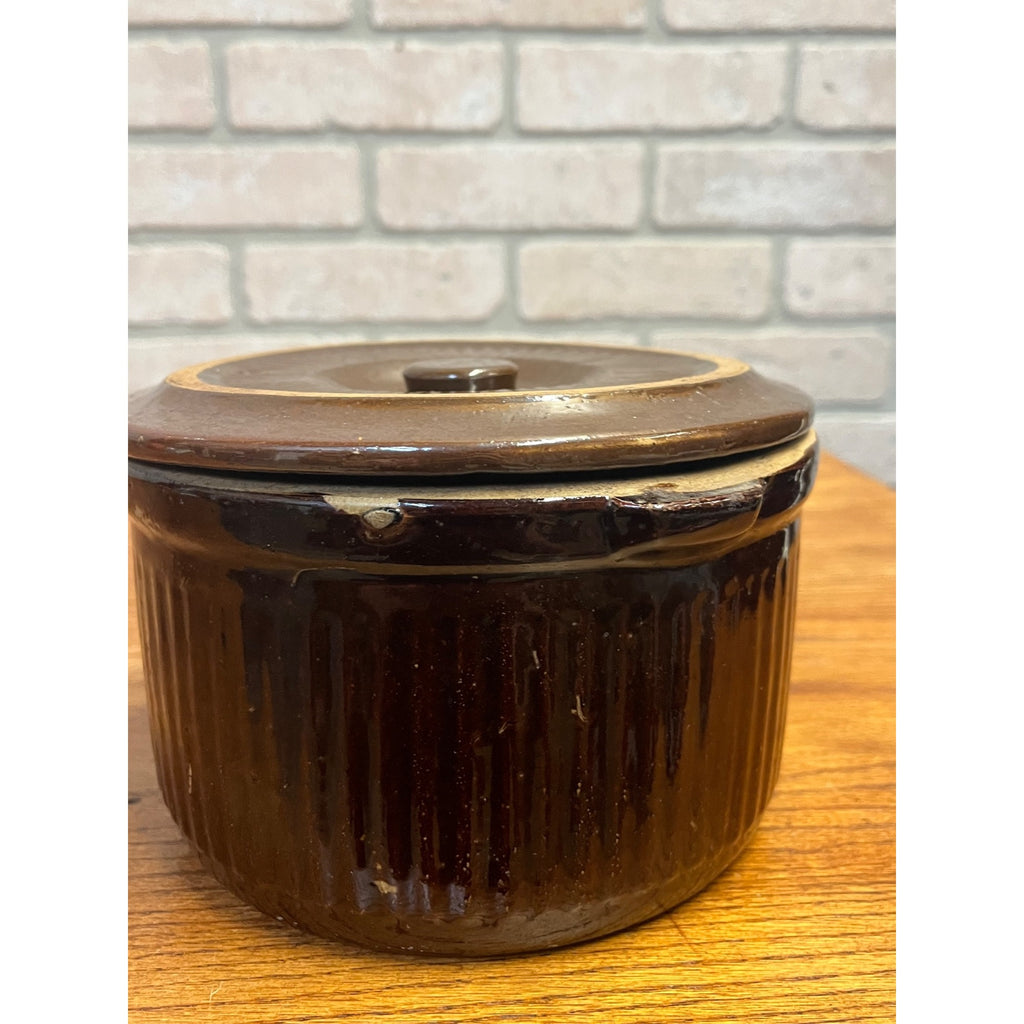 Antique Primitive Stoneware Brown Ribbed Pantry Crock/Large Butter Crock Farmhouse Decor Rustic Kitchen