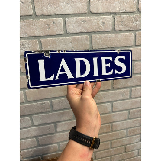 Original Vintage 1900s LADIES Blue & White Porcelain Restroom Sign