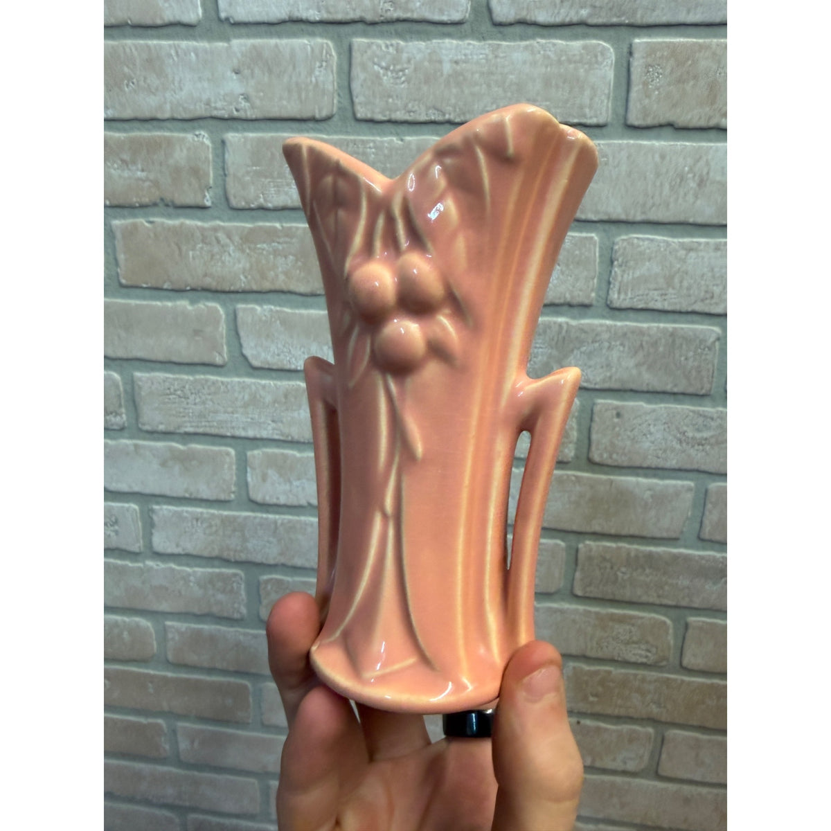 Genuine Vintage 1940s McCoy Pink Leaves and Berries Vase with Maker’s Mark
