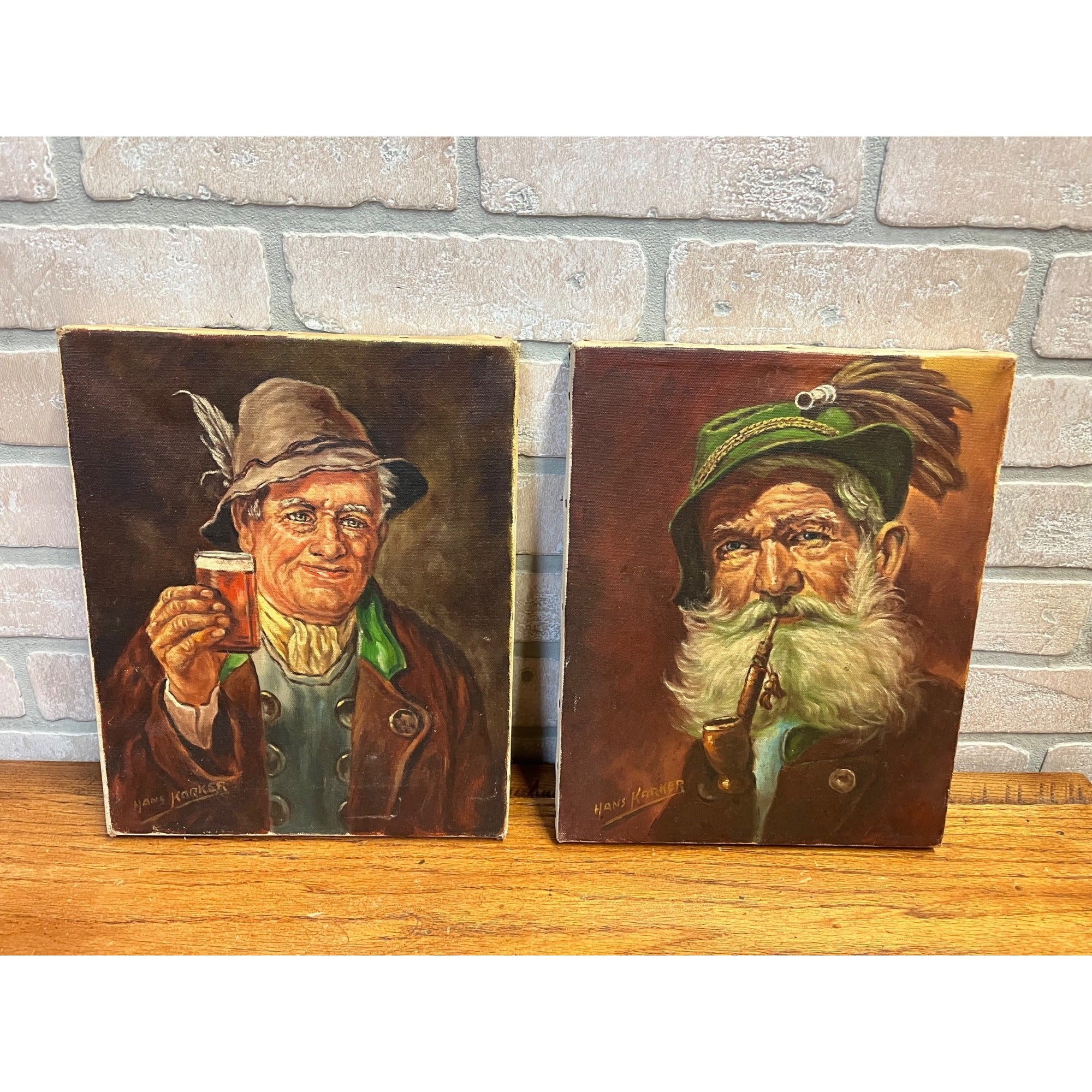 Vintage Bavarian Beer Drinker & Pipe Smoker Portrait Oil Paintings Signed Pair