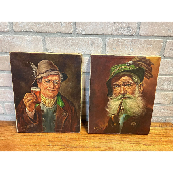 Vintage Bavarian Beer Drinker & Pipe Smoker Portrait Oil Paintings Signed Pair