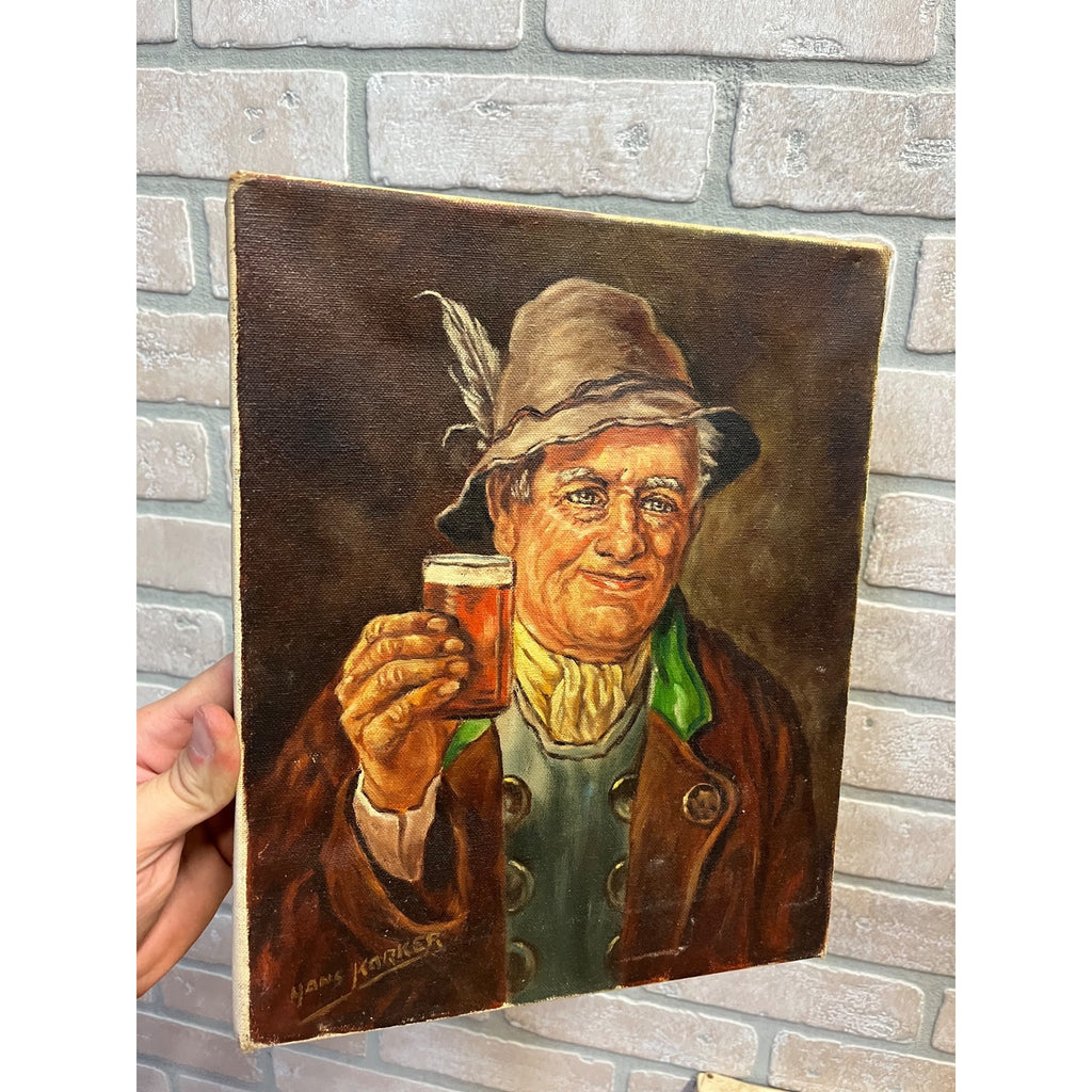Vintage Bavarian Beer Drinker & Pipe Smoker Portrait Oil Paintings Signed Pair